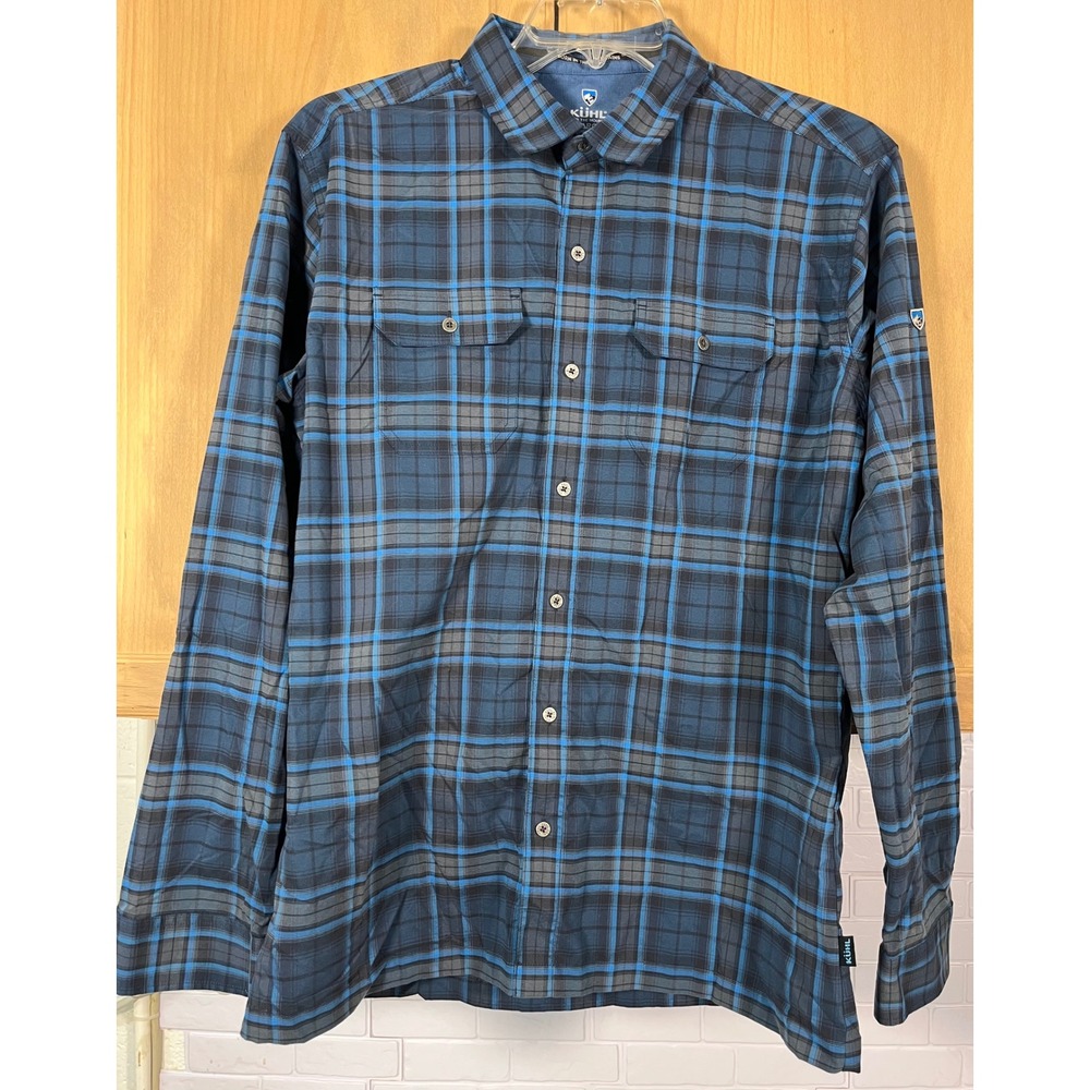Kuhl Plaid Button Down Shirt Mens Large Blue Gray Long Sleeve Outdoor Hiking